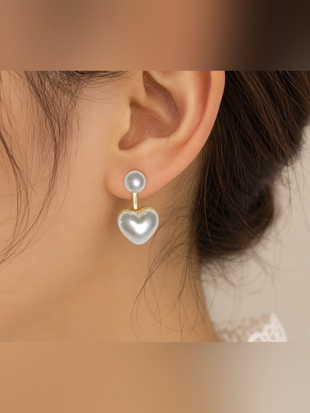 Pearl Heart Drop Earrings White & Gold Tone New